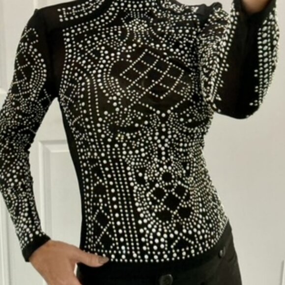 Black Sequin sheer and bead fitted top with back zipper size xs LIKE NEW! - Picture 9 of 9